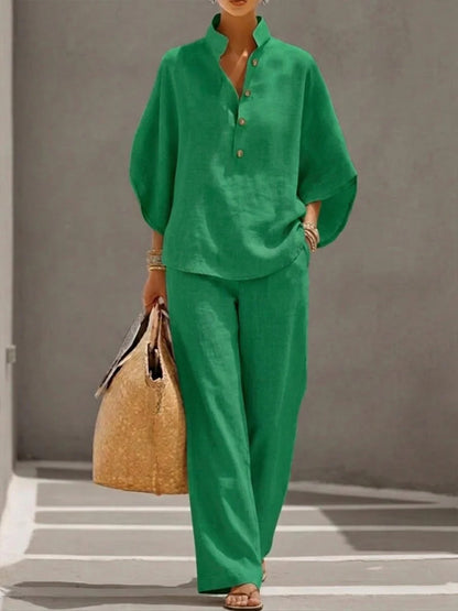 Maribel | Linen Set With Batwing Sleeves And Wide Pants