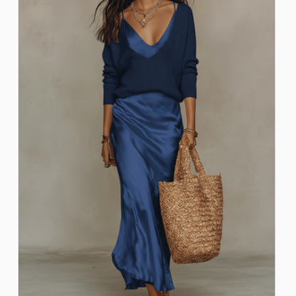 Luciana | Bias Fall Satin Skirt Knit Layer Set