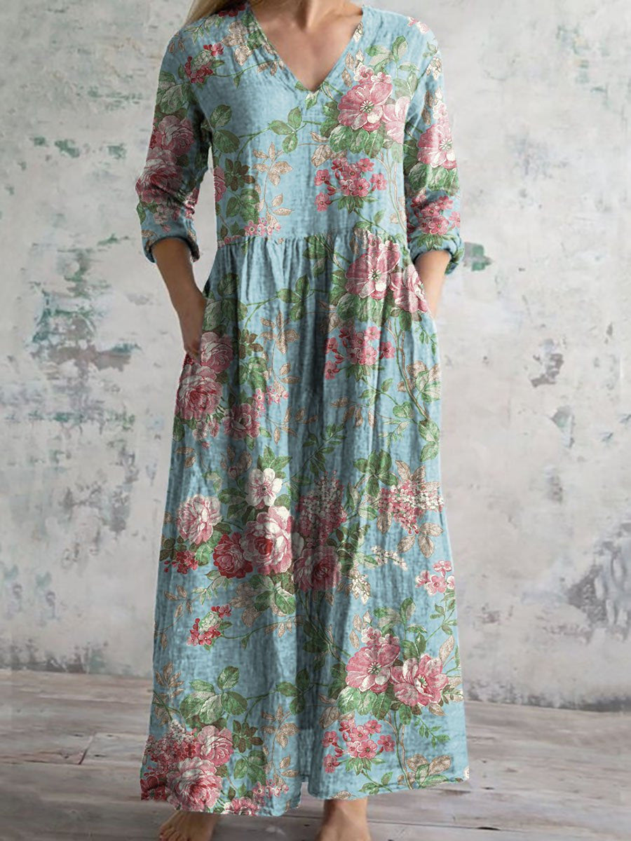 Womens V-Neck Printed Midi Dress