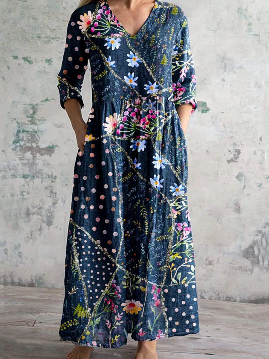 Womens V-Neck Printed Midi Dress