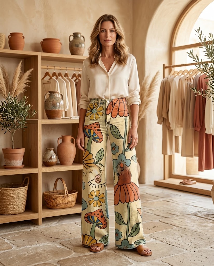 GrooveThread | 70s Retro Mushroom Floral Wide Leg Jeans - Boho Festival Denim Threadded