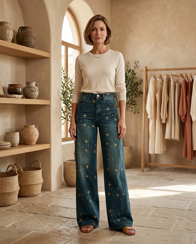 NovaThread | Star Print High Waisted Wide Leg Jeans - Celestial Boho Denim Threadded